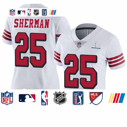 Personalized 49ers #25 Richard Sherman White Rush Super Bowl LIV Bound Women’s Stitched Football Untouchable Limited Jersey