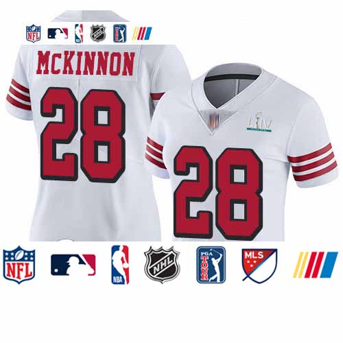 Personalized 49ers #28 Jerick McKinnon White Rush Super Bowl LIV Bound Women’s Stitched Football Untouchable Limited Jersey