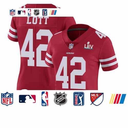 Personalized 49ers #42 Ronnie Lott Red Team Color Super Bowl LIV Bound Women’s Stitched Football Untouchable Limited Jersey