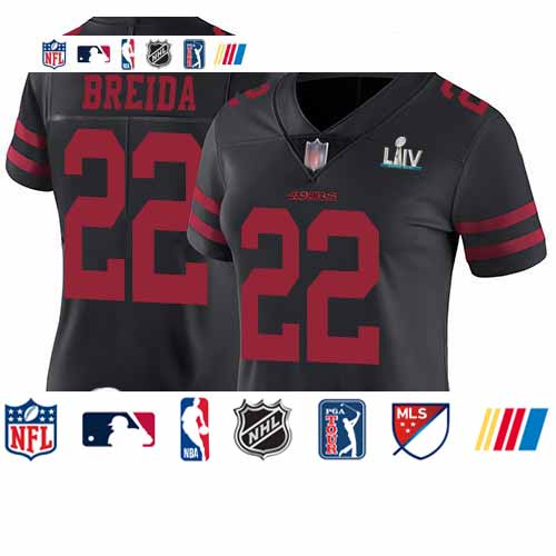 Personalized 49ers #22 Matt Breida Black Alternate Super Bowl LIV Bound Women’s Stitched Football Untouchable Limited Jersey