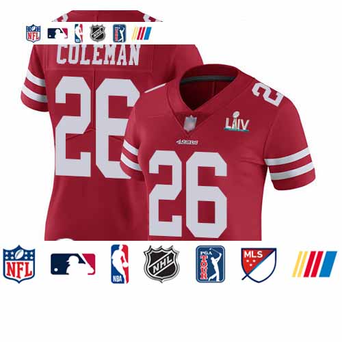 Personalized 49ers #26 Tevin Coleman Red Team Color Super Bowl LIV Bound Women’s Stitched Football Untouchable Limited Jersey
