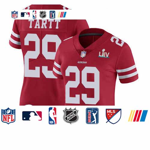 Personalized 49ers #29 Jaquiski Tartt Red Team Color Super Bowl LIV Bound Women’s Stitched Football Untouchable Limited Jersey