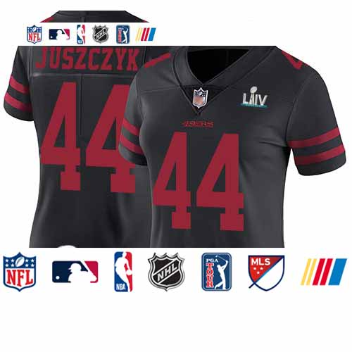 Personalized 49ers #44 Kyle Juszczyk Black Alternate Super Bowl LIV Bound Women’s Stitched Football Untouchable Limited Jersey