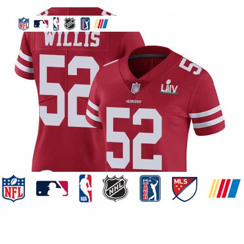 Personalized 49ers #52 Patrick Willis Red Team Color Super Bowl LIV Bound Women’s Stitched Football Untouchable Limited Jersey