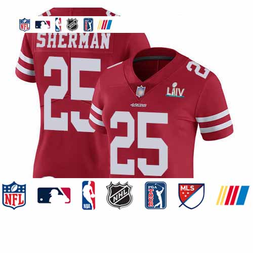 Personalized 49ers #25 Richard Sherman Red Team Color Super Bowl LIV Bound Women’s Stitched Football Untouchable Limited Jersey
