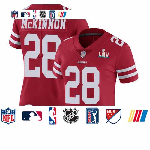 Personalized 49ers #28 Jerick McKinnon Red Team Color Super Bowl LIV Bound Women’s Stitched Football Untouchable Limited Jersey