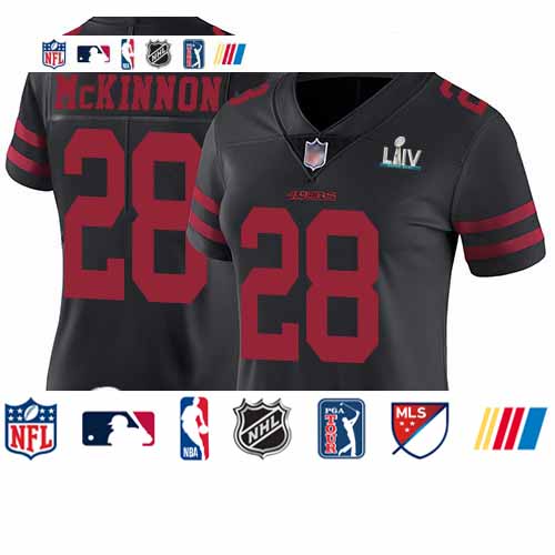 Personalized 49ers #28 Jerick McKinnon Black Alternate Super Bowl LIV Bound Women’s Stitched Football Untouchable Limited Jersey