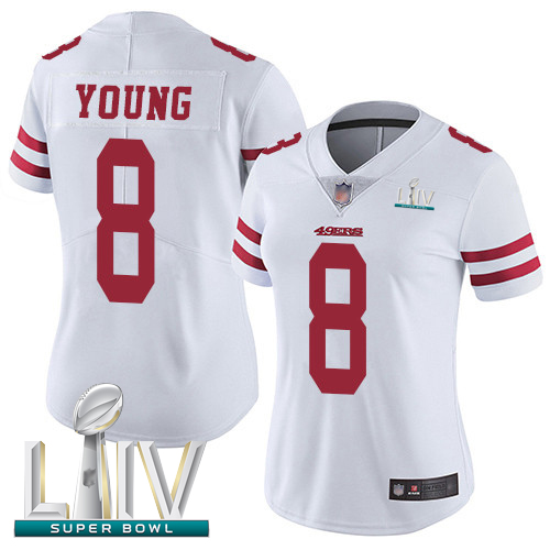 Personalized 49ers #8 Steve Young White Super Bowl LIV Bound Women’s Stitched Football Untouchable Limited Jersey