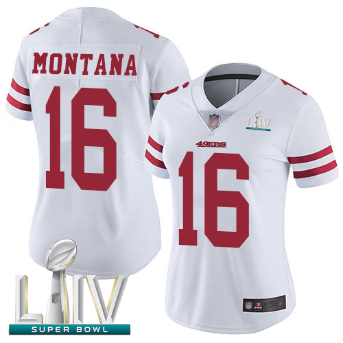 Personalized 49ers #16 Joe Montana White Super Bowl LIV Bound Women’s Stitched Football Untouchable Limited Jersey