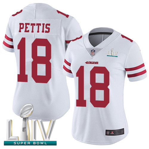 Personalized 49ers #18 Dante Pettis White Super Bowl LIV Bound Women’s Stitched Football Untouchable Limited Jersey