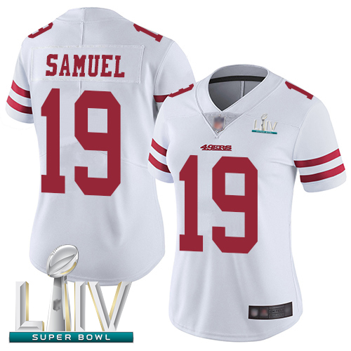 Personalized 49ers #19 Deebo Samuel White Super Bowl LIV Bound Women’s Stitched Football Untouchable Limited Jersey