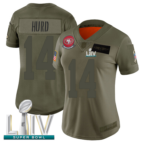 Personalized 49ers #14 Jalen Hurd Camo Super Bowl LIV Bound Women’s Stitched Football Limited 2019 Salute to Service Jersey