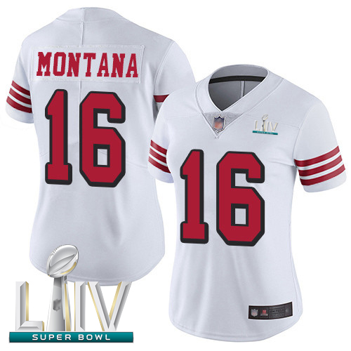 Personalized 49ers #16 Joe Montana White Rush Super Bowl LIV Bound Women’s Stitched Football Untouchable Limited Jersey