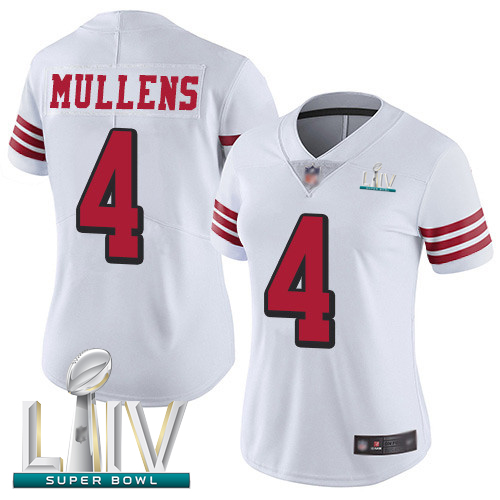 Personalized 49ers #4 Nick Mullens White Rush Super Bowl LIV Bound Women’s Stitched Football Untouchable Limited Jersey