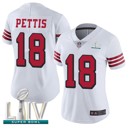 Personalized 49ers #18 Dante Pettis White Rush Super Bowl LIV Bound Women’s Stitched Football Untouchable Limited Jersey
