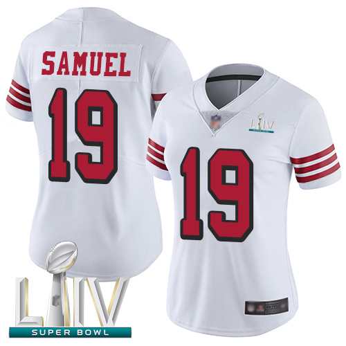 Personalized 49ers #19 Deebo Samuel White Rush Super Bowl LIV Bound Women’s Stitched Football Untouchable Limited Jersey