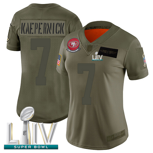 Personalized 49ers #7 Colin Kaepernick Camo Super Bowl LIV Bound Women’s Stitched Football Limited 2019 Salute to Service Jersey