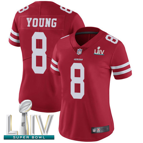 Personalized 49ers #8 Steve Young Red Team Color Super Bowl LIV Bound Women’s Stitched Football Untouchable Limited Jersey
