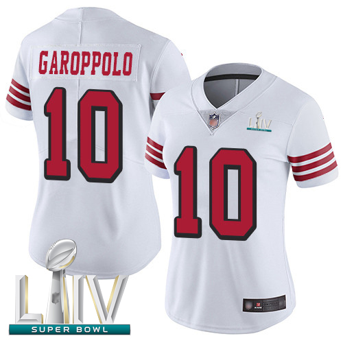 Personalized 49ers #10 Jimmy Garoppolo White Rush Super Bowl LIV Bound Women’s Stitched Football Untouchable Limited Jersey
