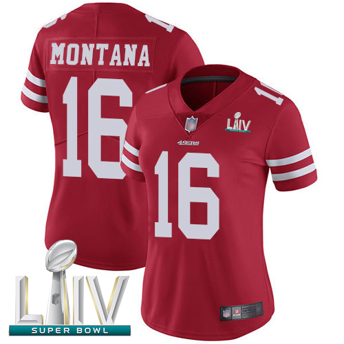 Personalized 49ers #16 Joe Montana Red Team Color Super Bowl LIV Bound Women’s Stitched Football Untouchable Limited Jersey