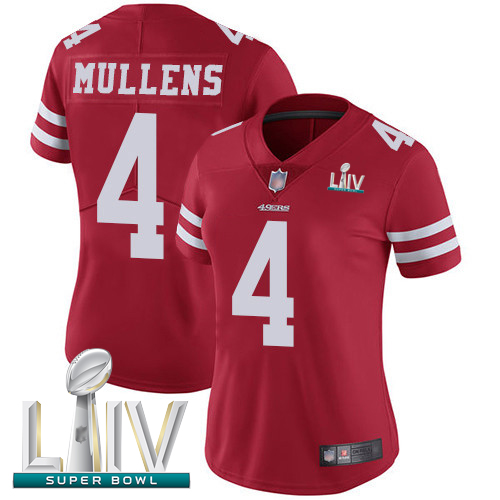 Personalized 49ers #4 Nick Mullens Red Team Color Super Bowl LIV Bound Women’s Stitched Football Untouchable Limited Jersey