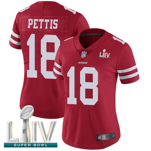 Personalized 49ers #18 Dante Pettis Red Team Color Super Bowl LIV Bound Women’s Stitched Football Untouchable Limited Jersey
