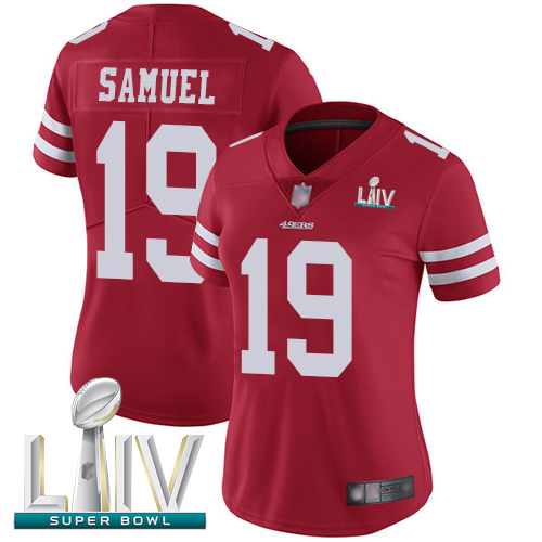 Personalized 49ers #19 Deebo Samuel Red Team Color Super Bowl LIV Bound Women’s Stitched Football Untouchable Limited Jersey