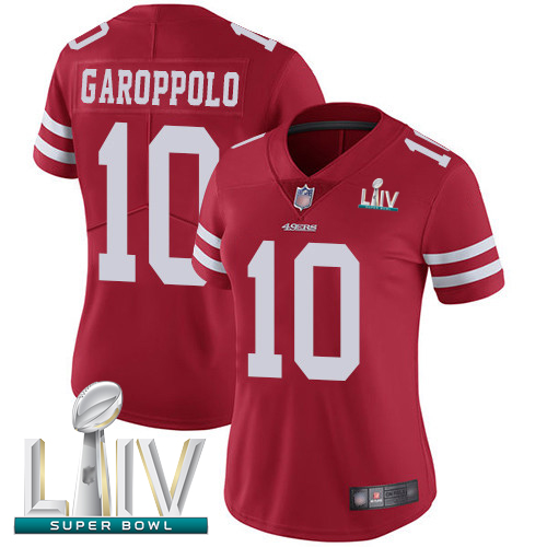 Personalized 49ers #10 Jimmy Garoppolo Red Team Color Super Bowl LIV Bound Women’s Stitched Football Untouchable Limited Jersey