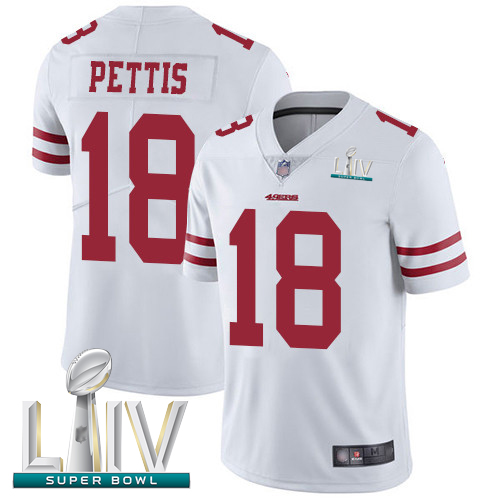 Personalized 49ers #18 Dante Pettis White Super Bowl LIV Bound Men’s Stitched Football Untouchable Limited Jersey
