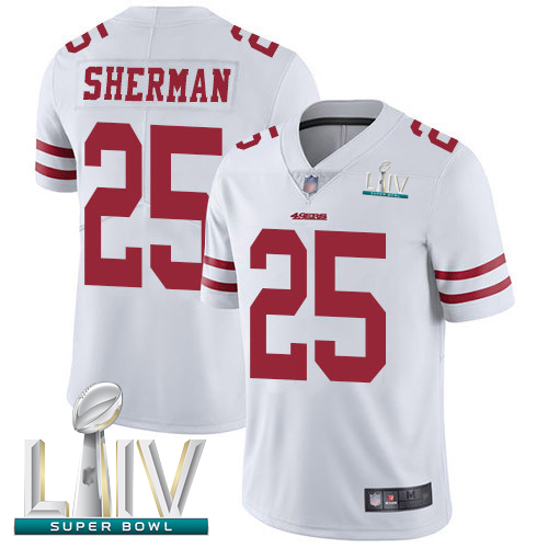 Personalized 49ers #25 Richard Sherman White Super Bowl LIV Bound Men’s Stitched Football Untouchable Limited Jersey