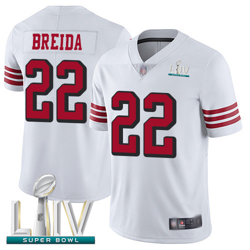 Personalized 49ers #22 Matt Breida White Rush Super Bowl LIV Bound Men’s Stitched Football Untouchable Limited Jersey