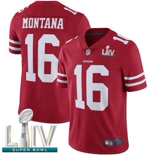 Personalized 49ers #16 Joe Montana Red Team Color Super Bowl LIV Bound Men’s Stitched Football Untouchable Limited Jersey