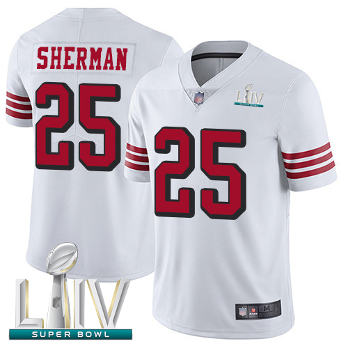 Personalized 49ers #25 Richard Sherman White Rush Super Bowl LIV Bound Men’s Stitched Football Untouchable Limited Jersey