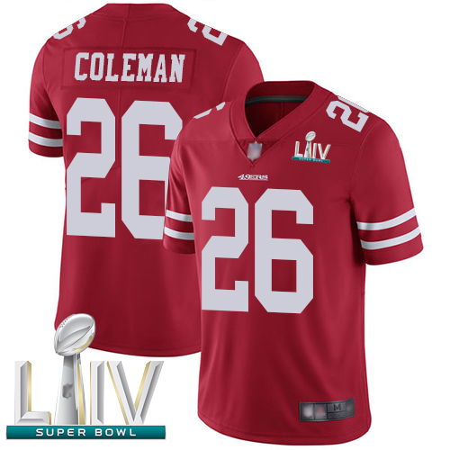 Personalized 49ers #26 Tevin Coleman Red Team Color Super Bowl LIV Bound Men’s Stitched Football Untouchable Limited Jersey
