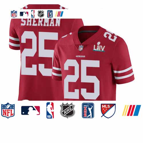 Personalized 49ers #25 Richard Sherman Red Team Color Super Bowl LIV Bound Men’s Stitched Football Untouchable Limited Jersey