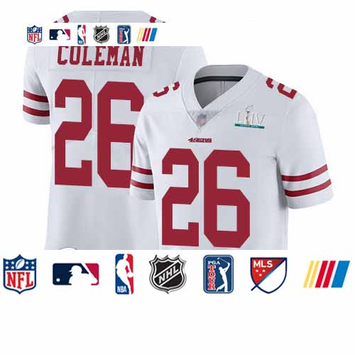 Personalized 49ers #26 Tevin Coleman White Super Bowl LIV Bound Men’s Stitched Football Untouchable Limited Jersey