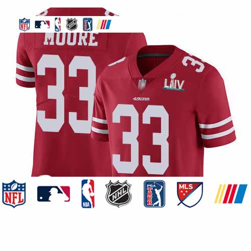 Personalized 49ers #33 Tarvarius Moore Red Team Color Super Bowl LIV Bound Men’s Stitched Football Untouchable Limited Jersey