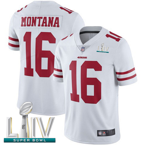 Personalized 49ers #16 Joe Montana White Super Bowl LIV Bound Youth Stitched Football Untouchable Limited Jersey