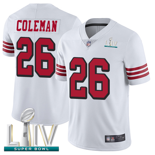 Personalized 49ers #26 Tevin Coleman White Rush Super Bowl LIV Bound Youth Stitched Football Untouchable Limited Jersey
