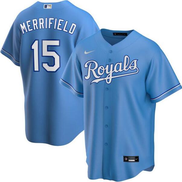 Personalized Royals 15 Whit Merrifield Light Blue 2020 Cool Base Jersey