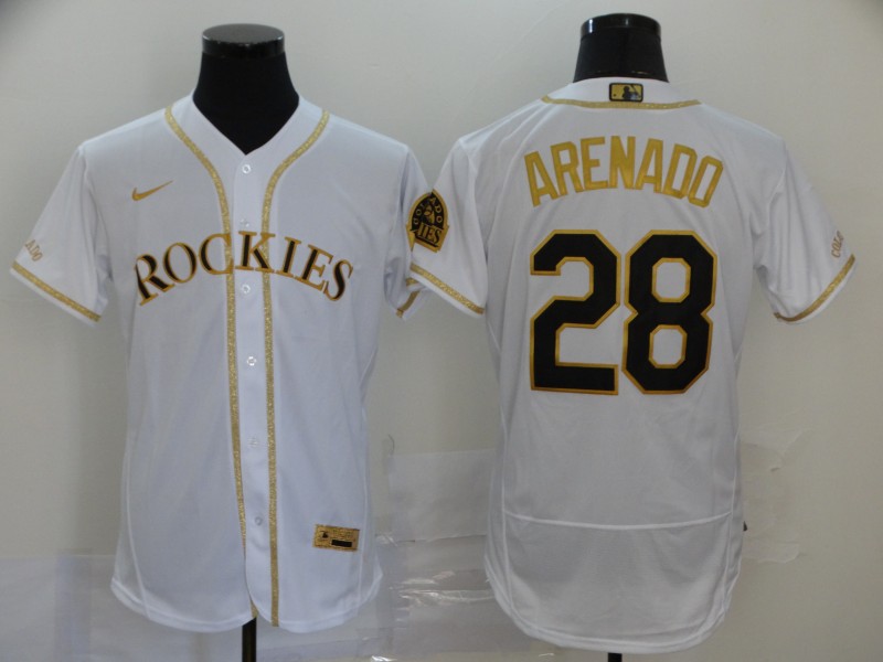 Personalized Rockies 28 Nolan Arenado White Gold 2020 Flexbase Jersey