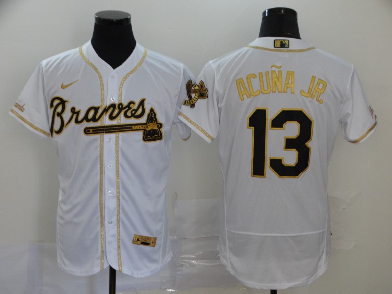 Personalized Braves 13 Ronald Acuna Jr. White Gold 2020 Flexbase Jersey