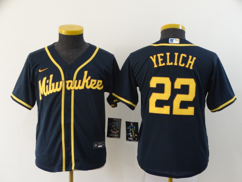 Personalized Youth Brewers 22 Christian Yelich Navy Youth 2020 Cool Base Jersey