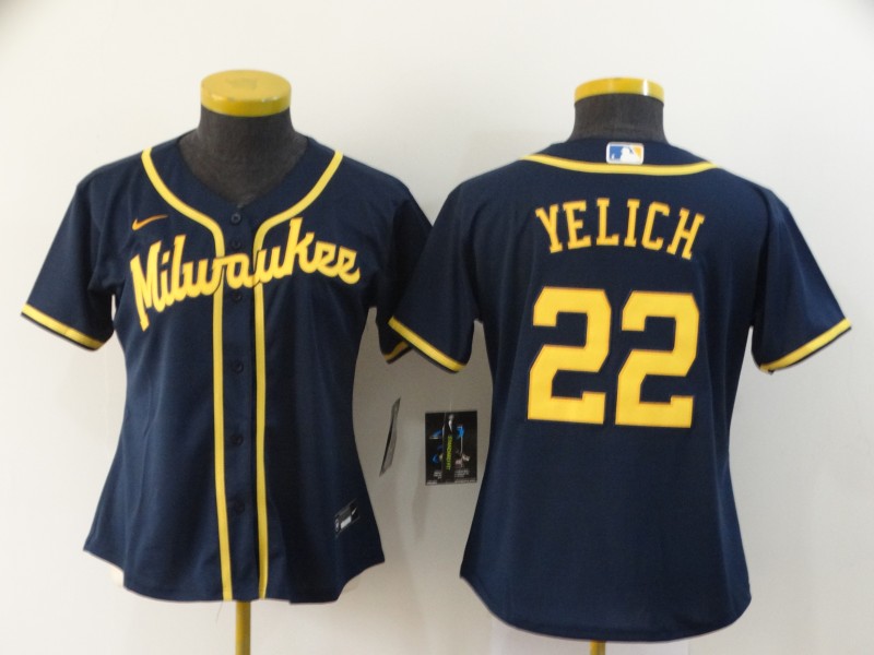 Personalized Women Brewers 22 Christian Yelich Navy Women 2020 Cool Base Jersey