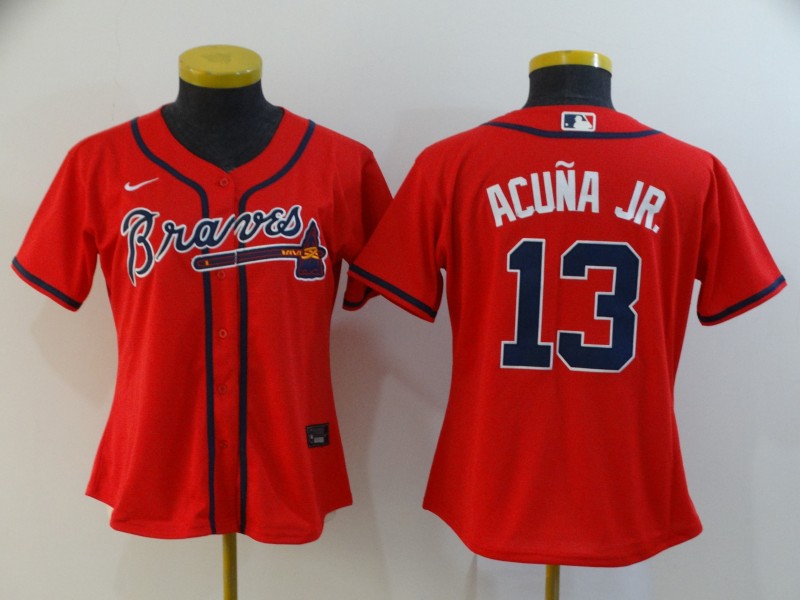 Personalized Women Braves 13 Ronald Acuna Jr. Red Women 2020 Cool Base Jersey