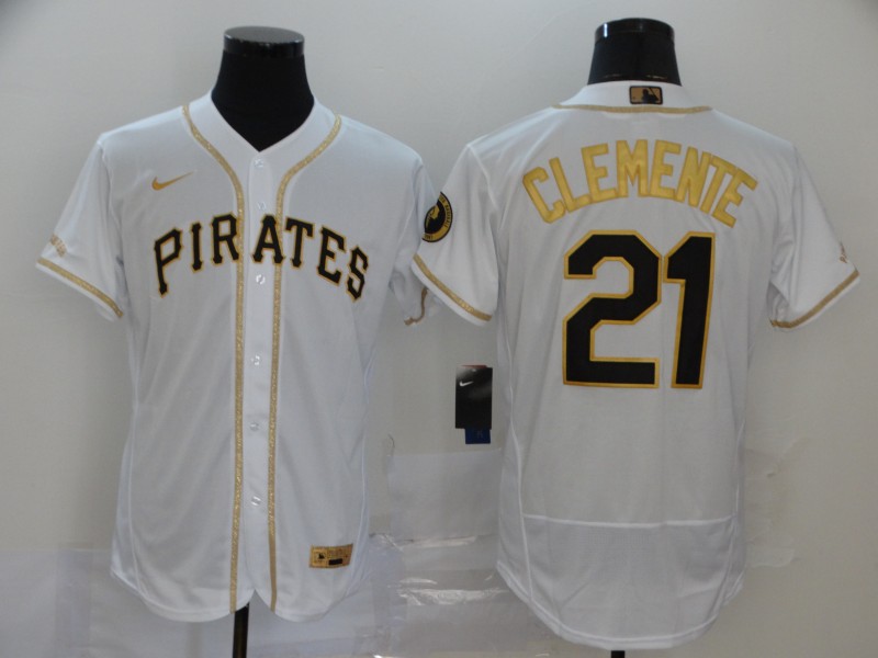 Personalized Pirates 21 Roberto Clemente White Gold 2020 Flexbase Jersey