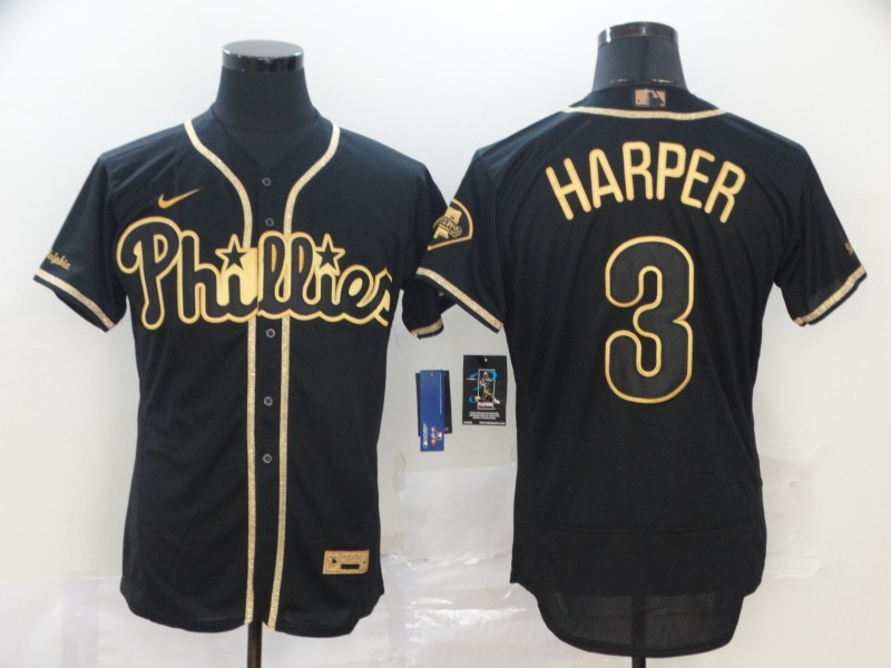 Personalized Phillies 3 Bryce Harper Black Gold 2020 Cool Base Jersey
