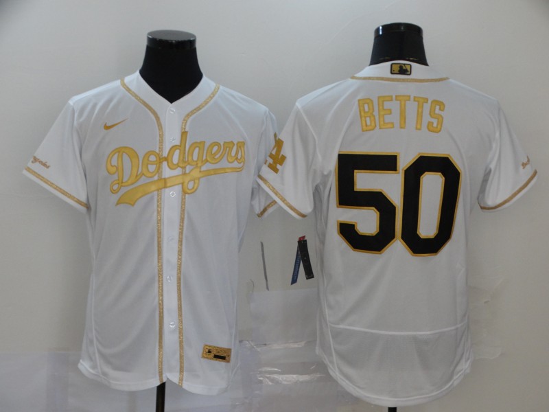 Personalized Dodgers 50 Mookie Betts White Gold 2020 Flexbase Jersey