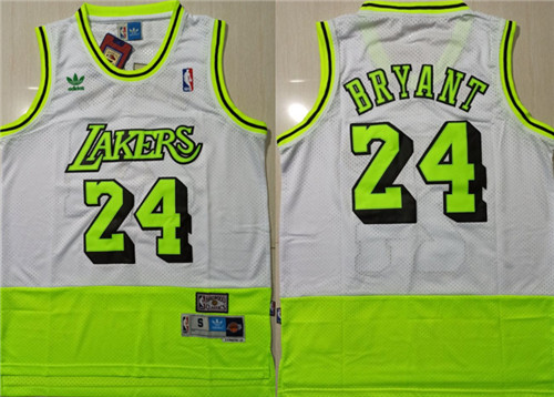 Personalized Lakers Bape 24 Kobe Bryant White Fluorescent Green Split Hardwood Classics Jersey