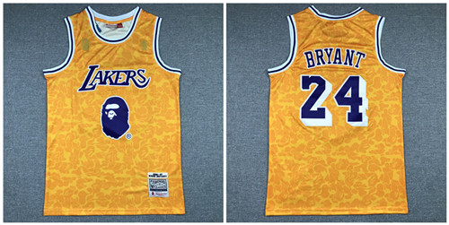 Personalized Lakers Bape 24 Kobe Bryant Yellow 1996-97 Hardwood Classics Jersey